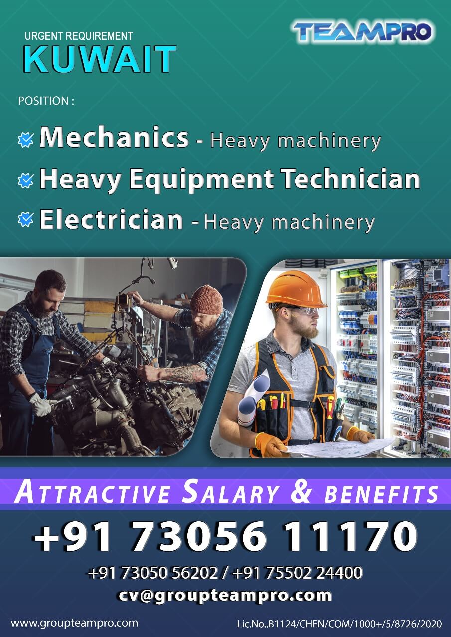 Mechanic – Heavy Machinery  ,Heavy Equipment Technician  , Electrician – Heavy Machinery