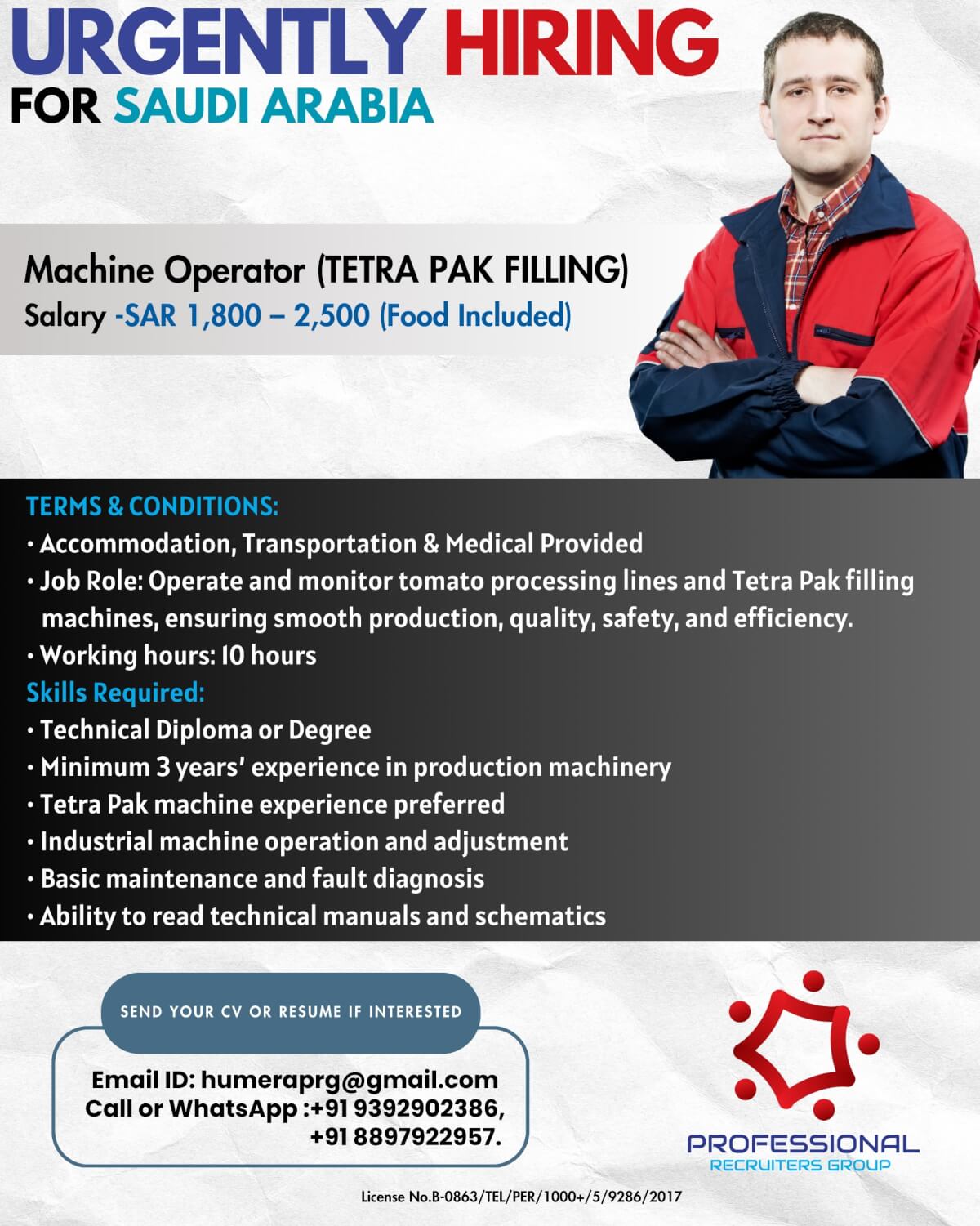 Hiring Tetra pack machine operator for Saudi Arabia