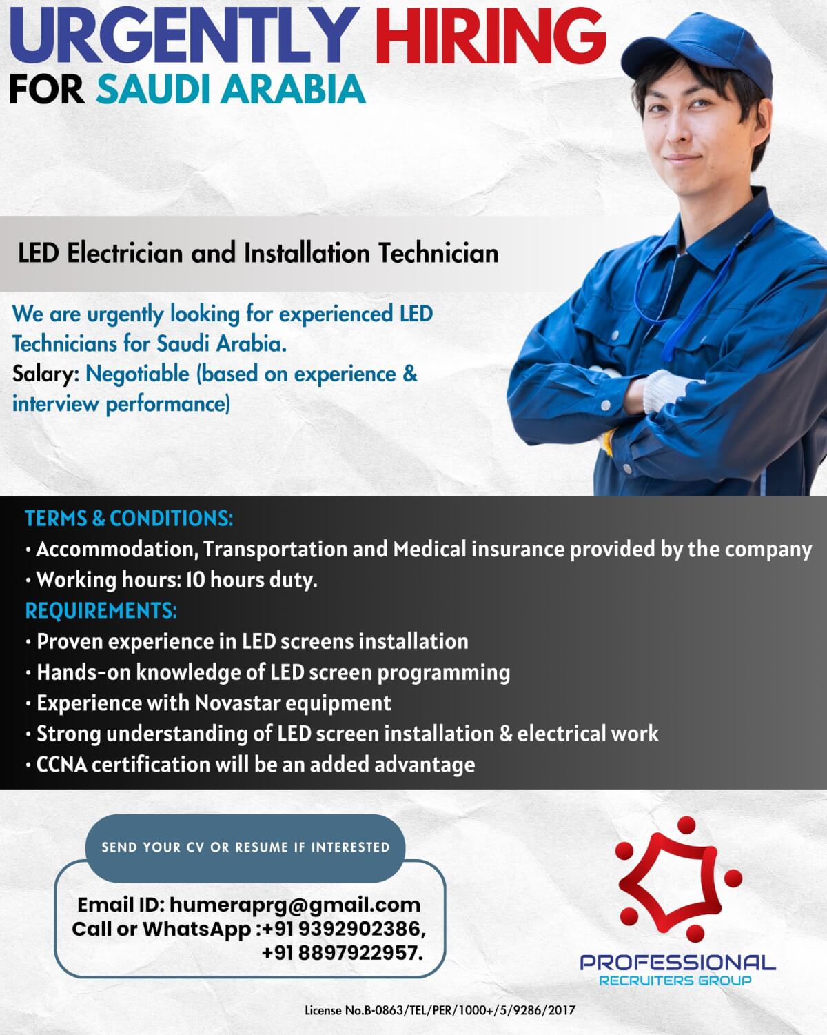 Urgently Hiring Electrical & LED Installation Technician for Saudi Arabia