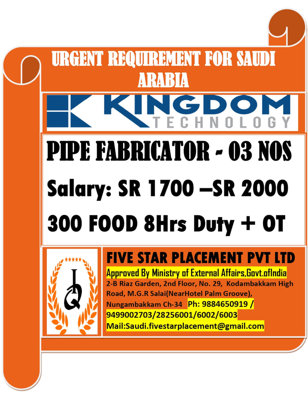 URGENT REQUIREMENT FOR SAUDI ARABIA