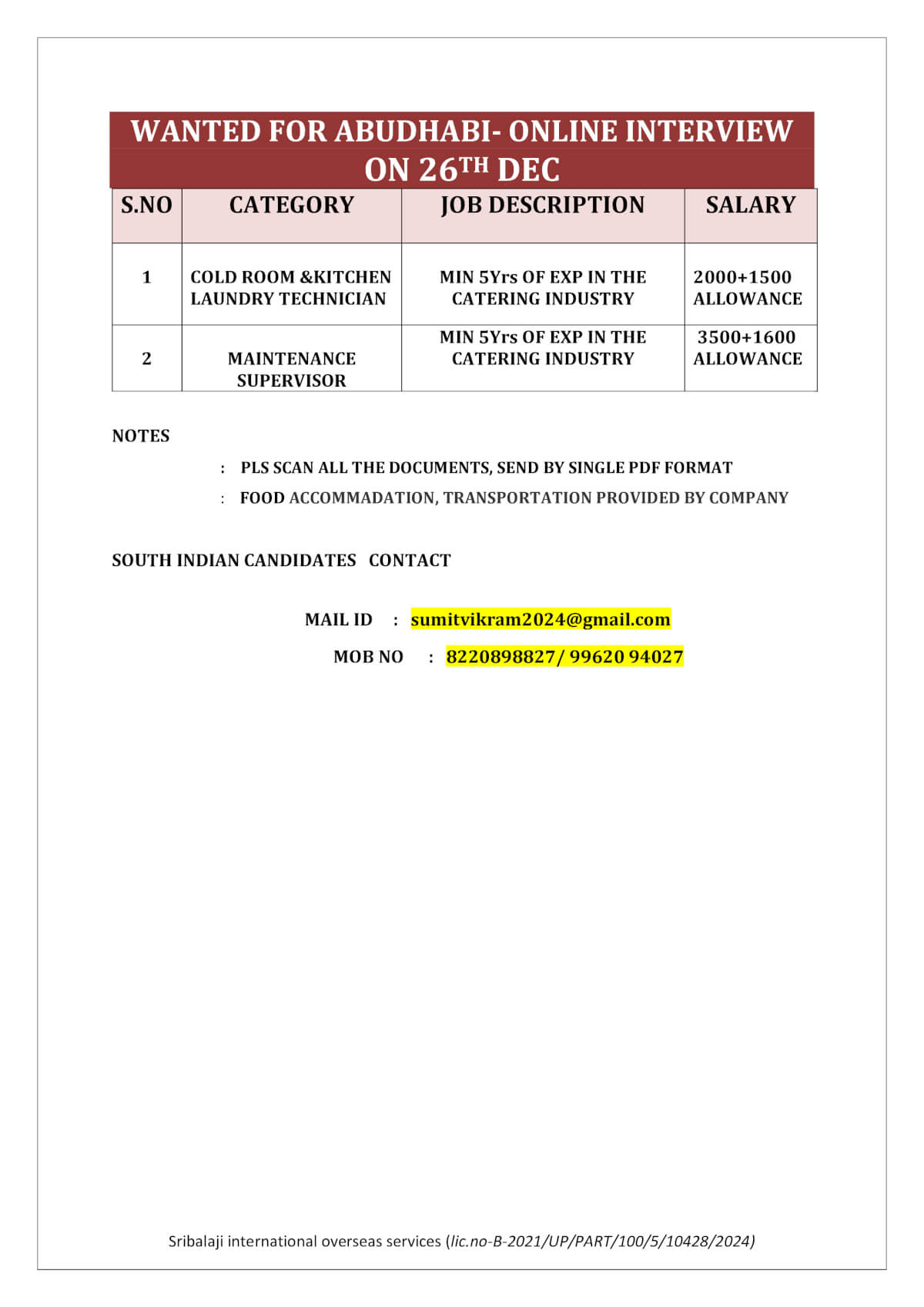 WANTED FOR ABUDHABI-ONLINE INTERVIEW ON 26TH DEC