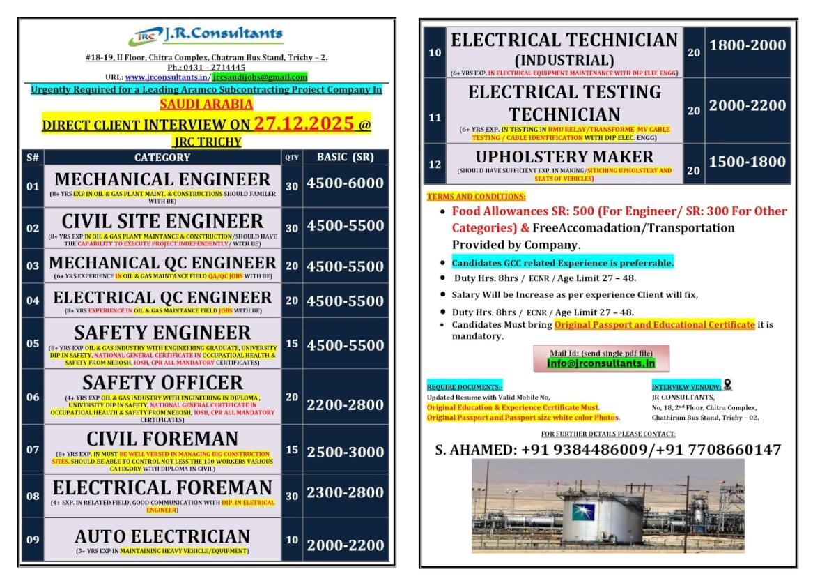 URGENTLY REQUIRED FOR A LEADING ARAMCO SUBCONTRACTING PROJECT COMPANY IN SAUDI ARABIA DIRECT CLIENT INTERVIEW ON 27.12.2025 @ JRC TRICHY