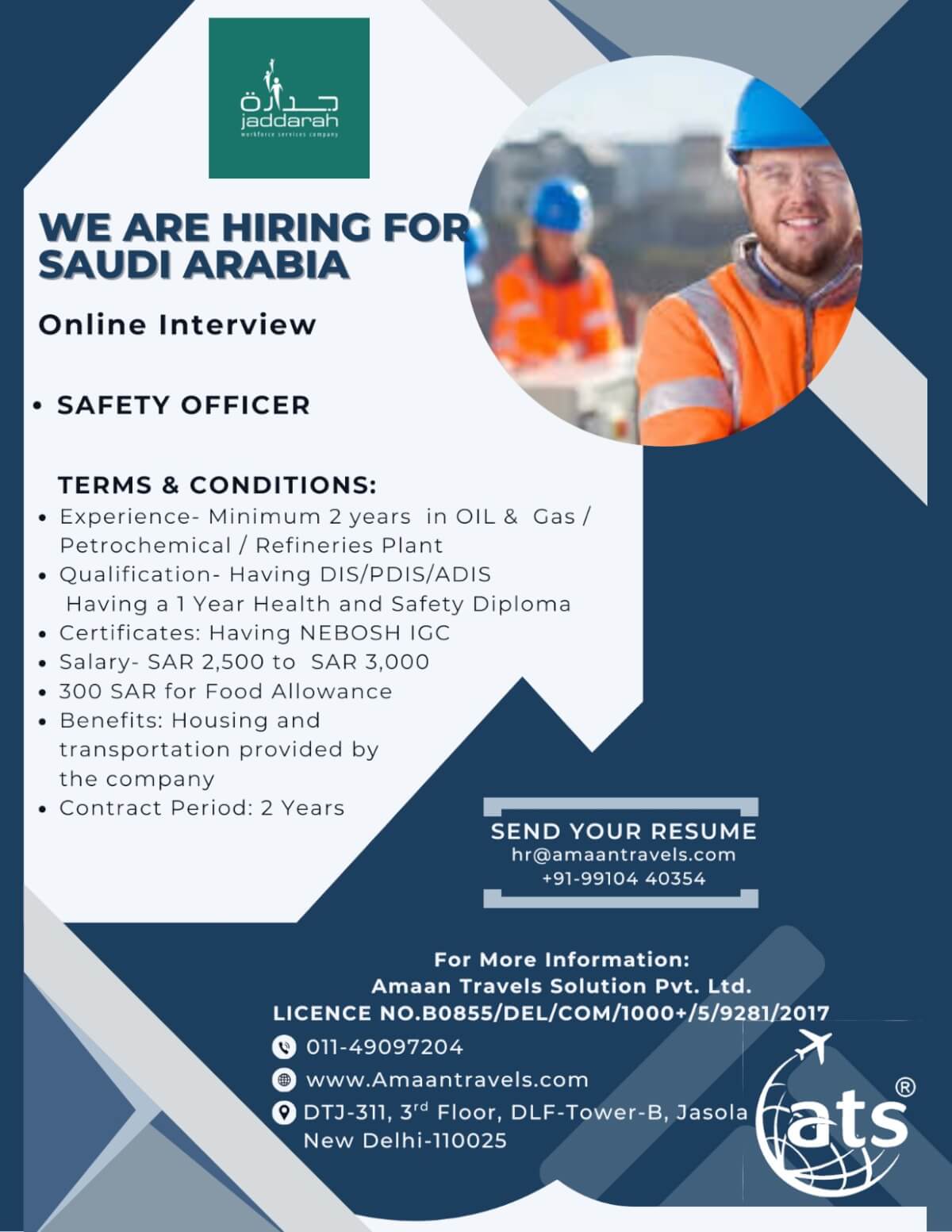 Hiring for Safety Officer in Reputed Company in Saudi Arabia