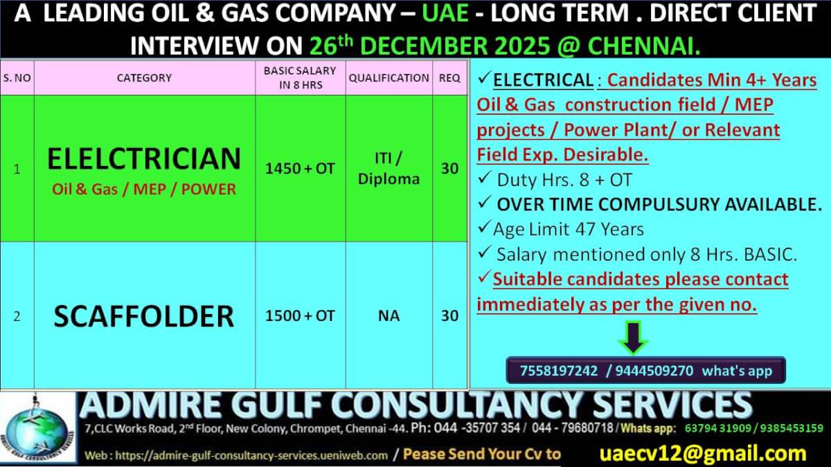 A  LEADING OIL & GAS COMPANY -UAE. LONG TERM . DIRECT CLIENT INTERVIEW ON 26th DECEMBER 2025 @ CHENNAI