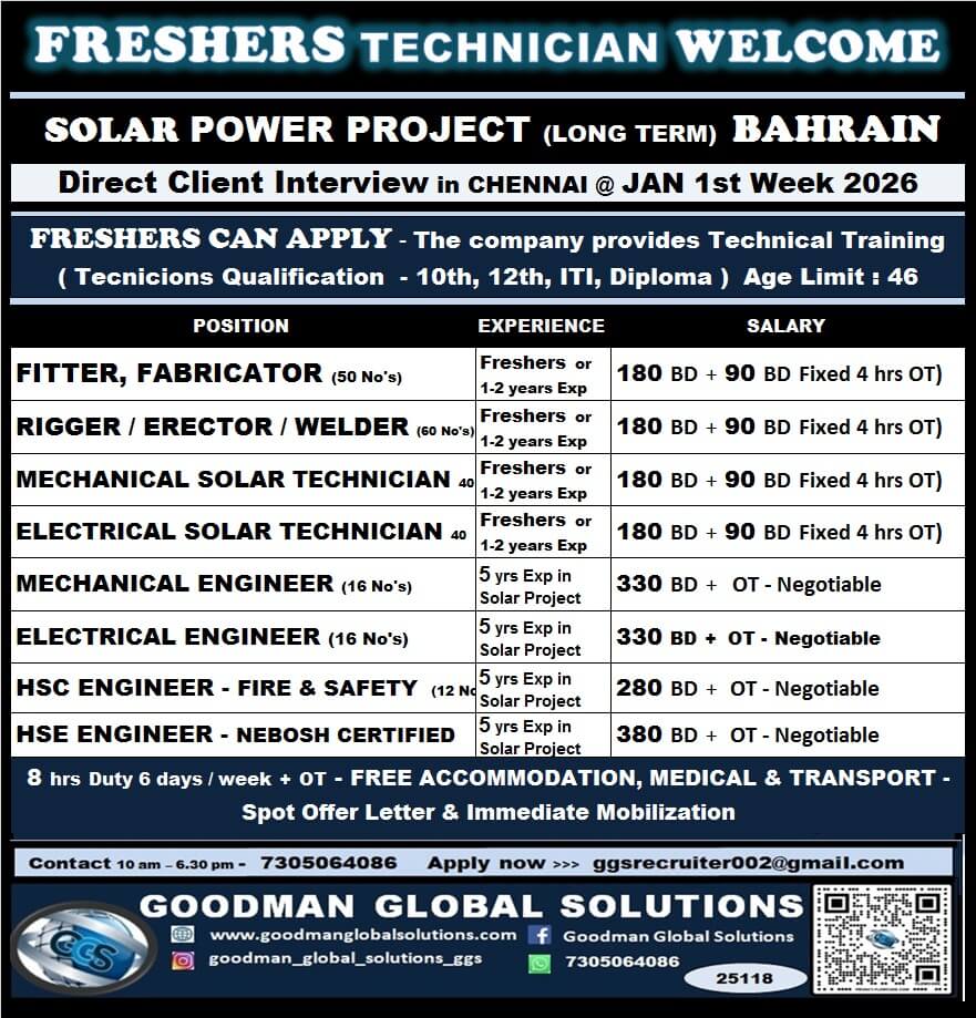 BAHRAIN - SOLAR POWER PROJECT ( LONG TERM )  DIRECT CLIENT INTERVIEW IN CHENNAI - 2nd Week JANUARY 2026