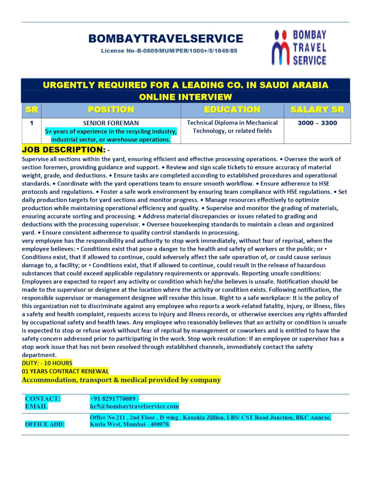 URGENTLY HIRING RECYCLING FRORMAN FOR SAUDI ARABIA