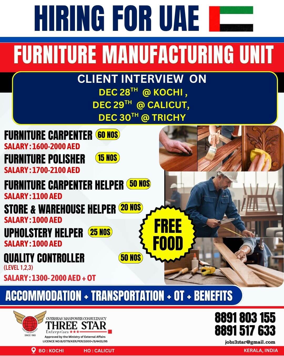 URGENT HIRING FOR FURNITURE MANUFACTURING UNIT IN UAE