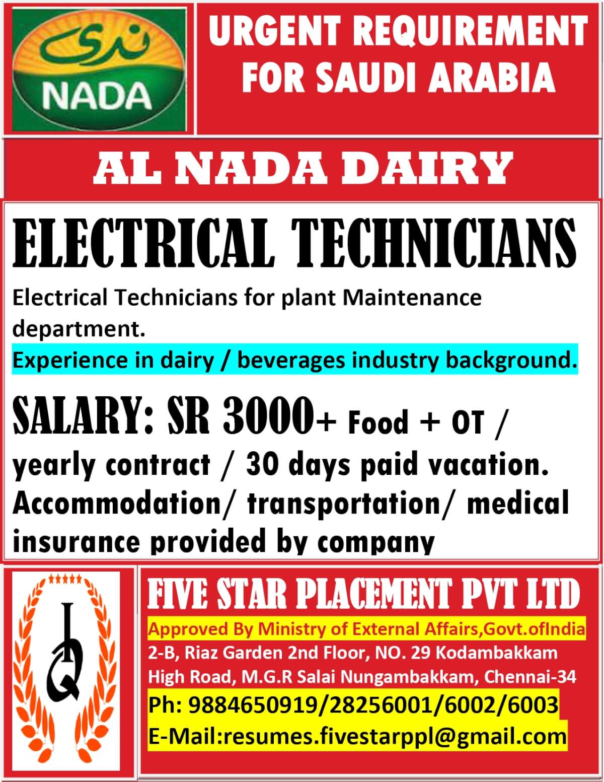 URGENT REQUIREMENT FOR SAUDI ARABIA