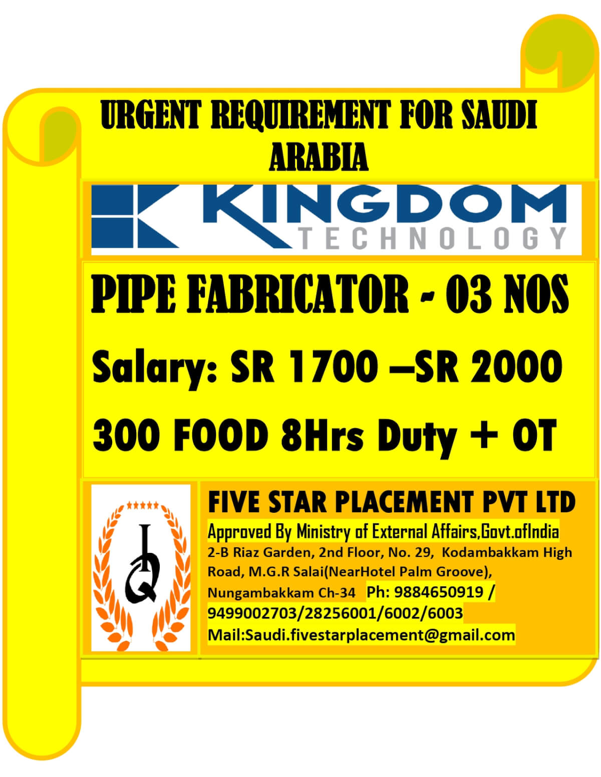URGENT REQUIREMENT FOR SAUDI ARABIA