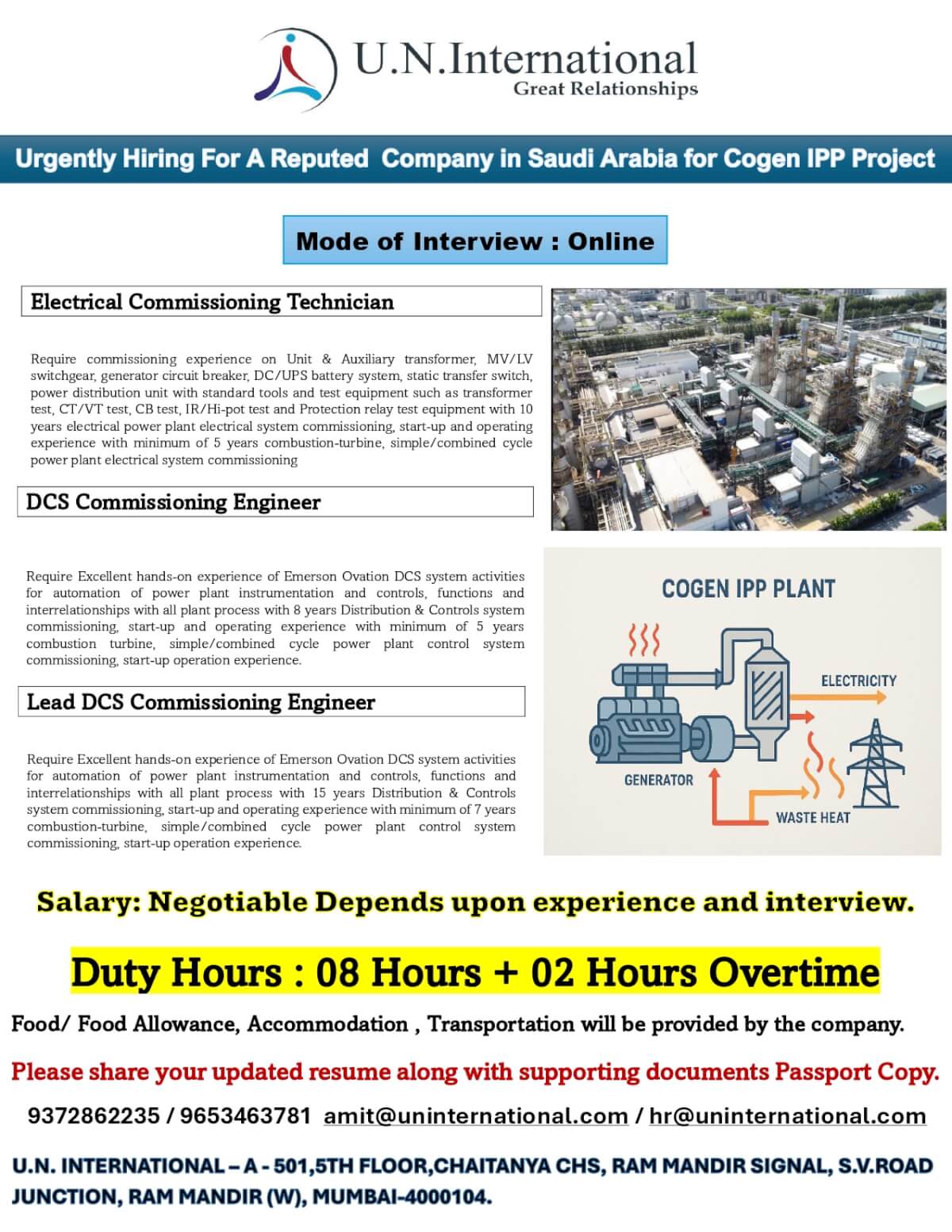 Urgently Hiring Now for COGEN IPP Long Term Project Electrical Commissioning Technician & DCS Commissioning Engineer