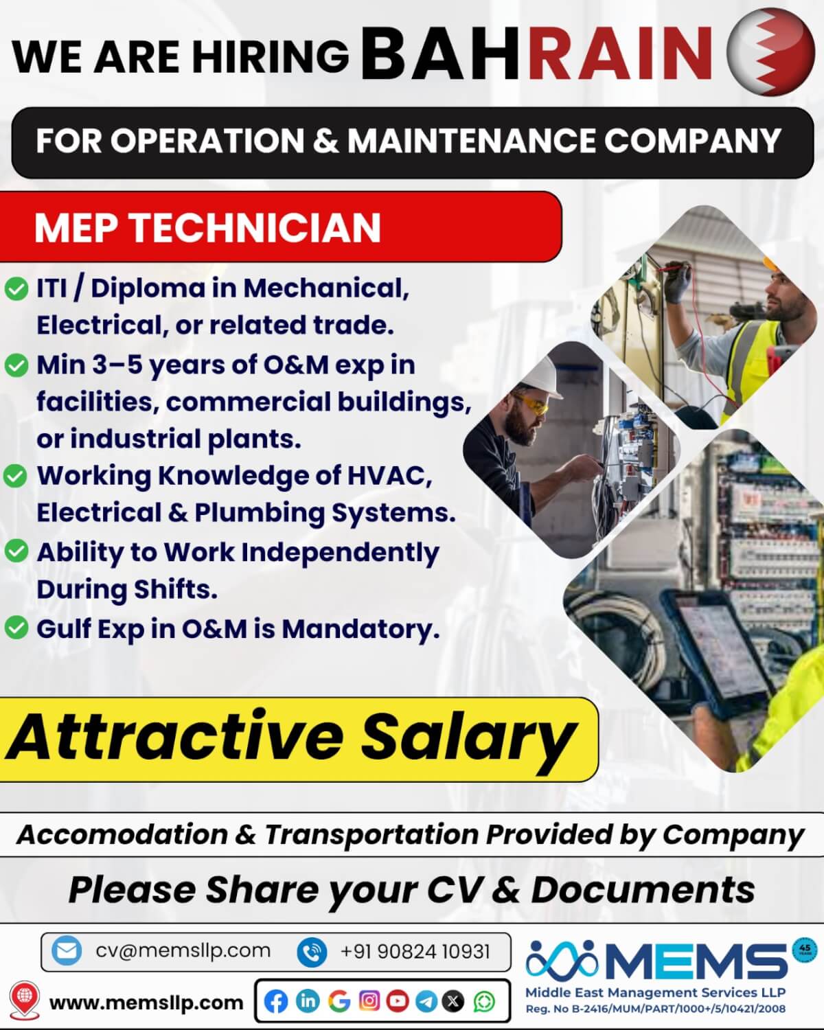 Hiring for MEP TECHNICIAN Operation & Maintenance Company