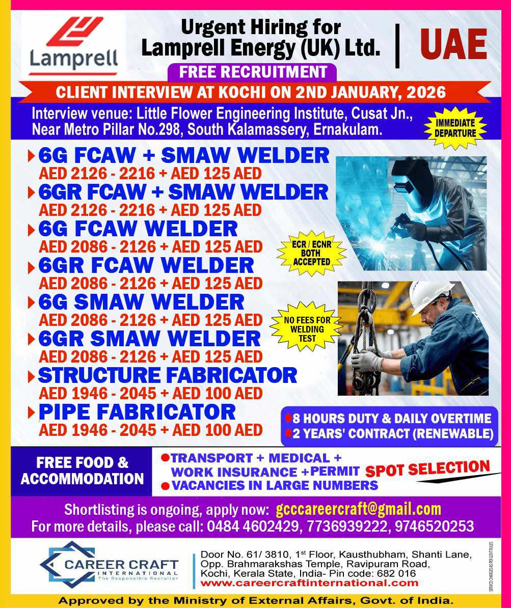 Client Interview at Kochi on 2nd January, 2026 for Laprell, UAE -