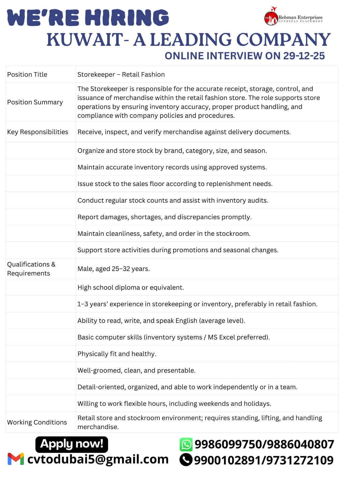 HIRING FOR KUWAIT-ONLINE INTERVIEW ON 29-12-2025
