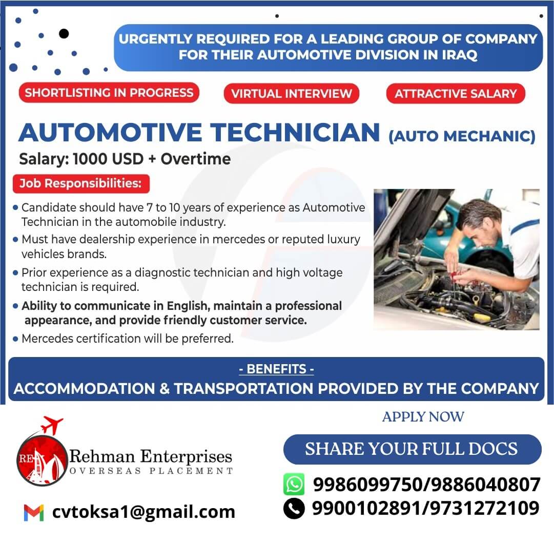 URGENTLY REQUIRED FOR IRAQ - AUTOMOTIVE TECHNICIAN