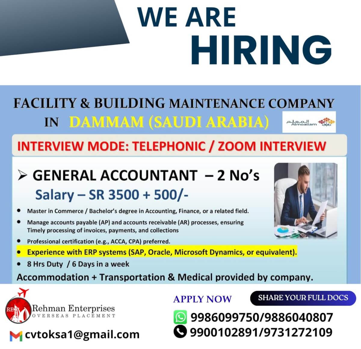 HIRING FOR FACILITY & BUILDIG MAINTENCE COMPANY IN DAMMAM-SAUDI ARABIA - GENERAL ACCOUNTANT,SWIMMING POOL TECHNICIAN
