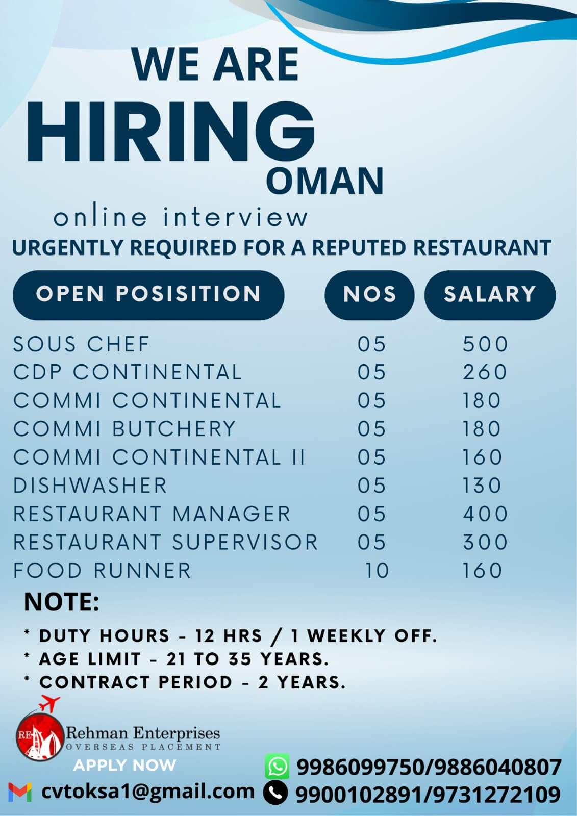 URGENTLY REQUIRED FOR A REPUTED RESTURANT IN OMAN