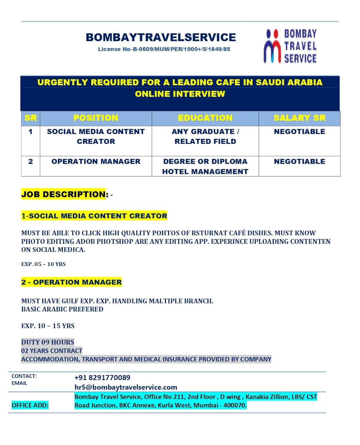 URGENTLY HIRING FOR FOOD CO. SAUDI ARABIA