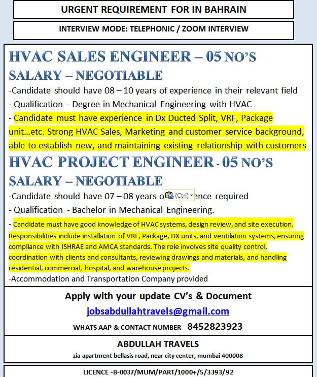 URGENT REQUIREMENT FOR IN BAHRAIN