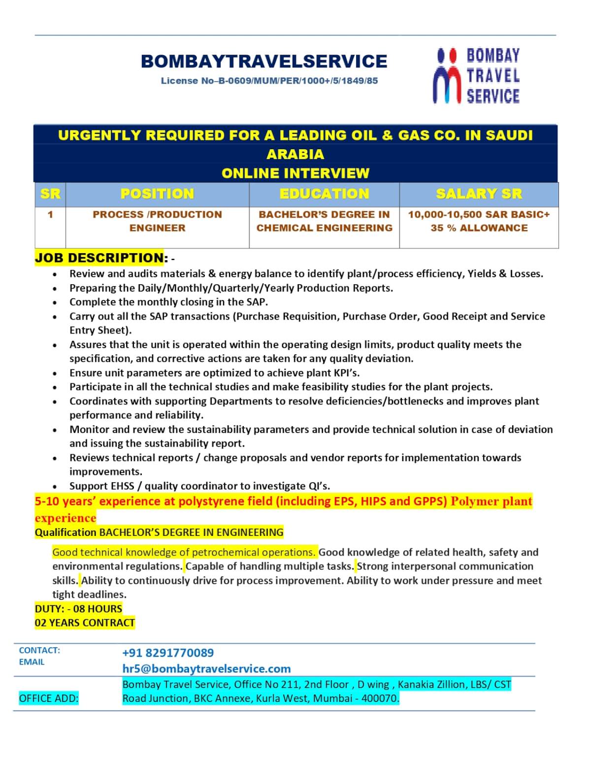 URGENTLY HIRING PRODUCTION ENGINEER FOR SAUDI ARABIA