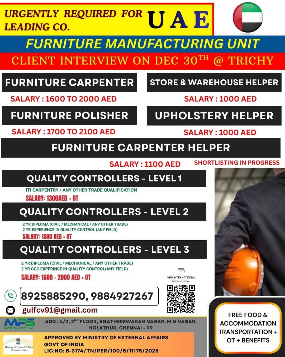 URGENTLY REQUIRED FOR LEADING CO – UAE FURNITURE MANUFACTURING UNIT CLIENT INTERVIEW ON DEC 30.12.2025 @ TRICHY