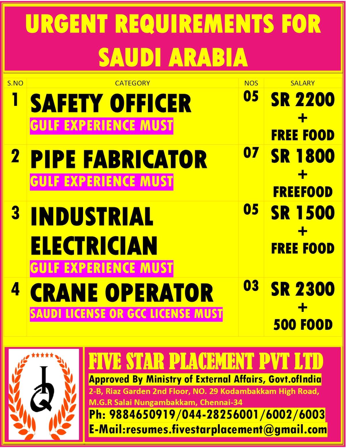 URGENT REQUIREMENT FOR SAUDI ARABIA