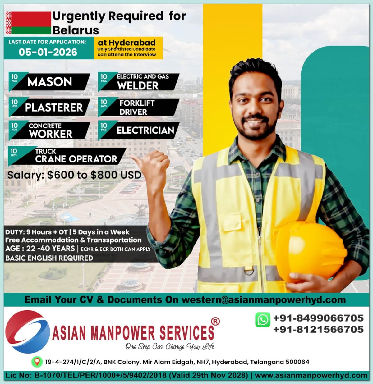 Urgently Required for Belarus – Immediate Hiring