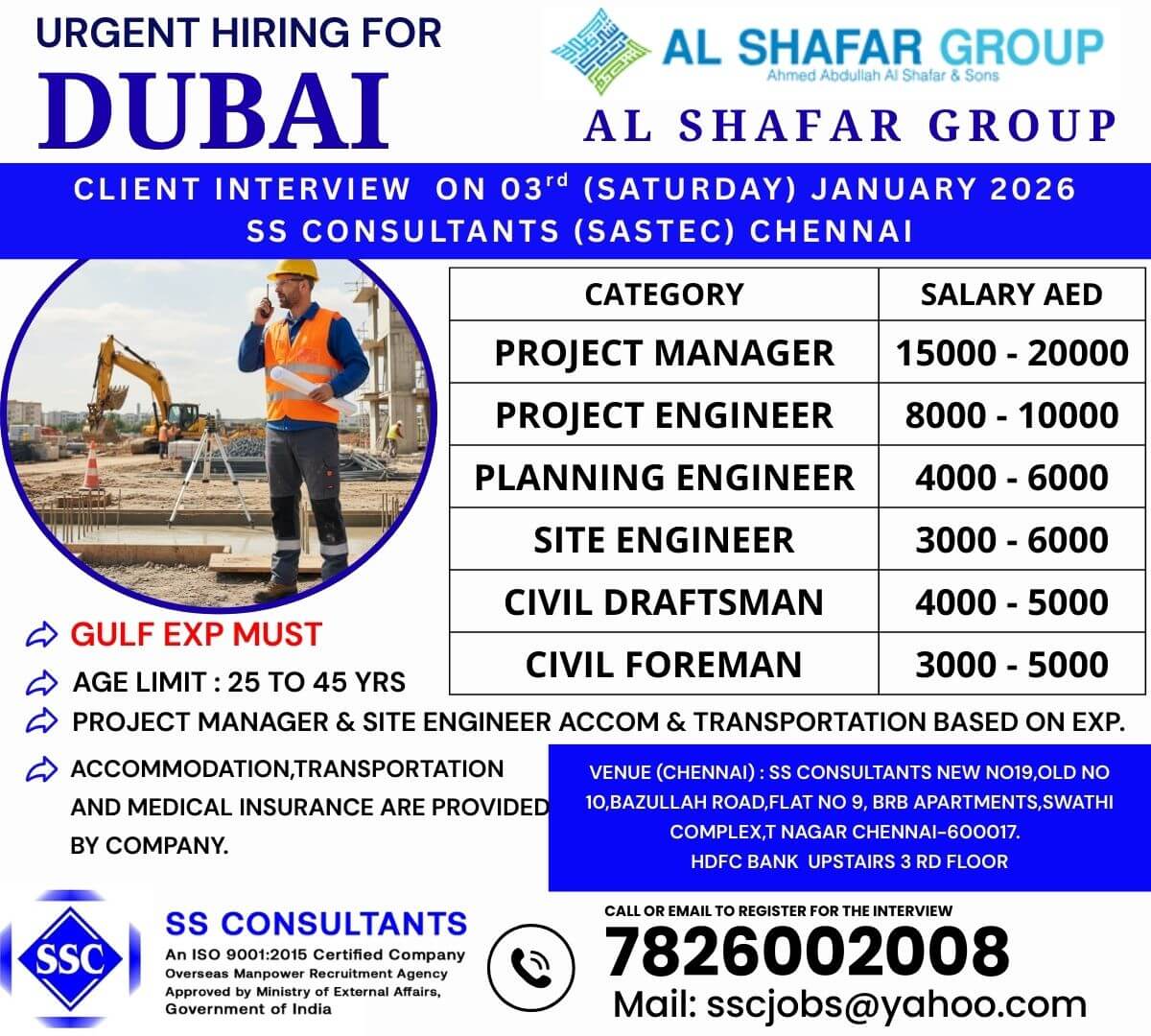 Urgent Hiring for Al Shafar Group Dubai - Site Engineer, Project Manager, Planning Engineer Jobs