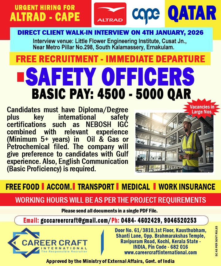 Client Interview at Kochi on 4th January, 2026 for Qatar -