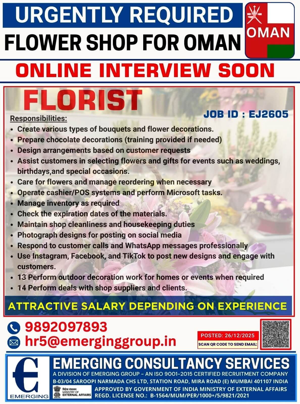 URGENTLY REQUIRED FLOWER SHOP FOR OMAN