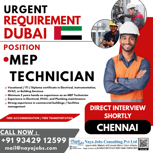 URGENT REQUIREMENT FOR DUBAI MEP TECHNICIAN