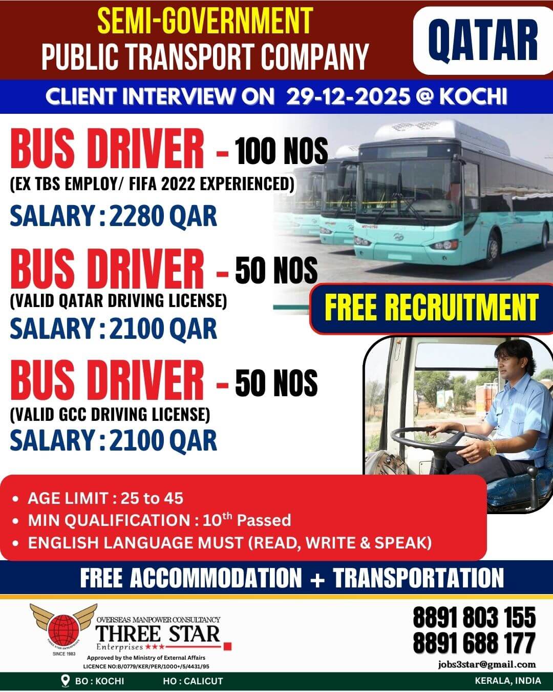 URGENT HIRING FOR SEMI-GOVERNMENT PUBLIC TRANSPORT COMPANY BUS DRIVER, QATAR