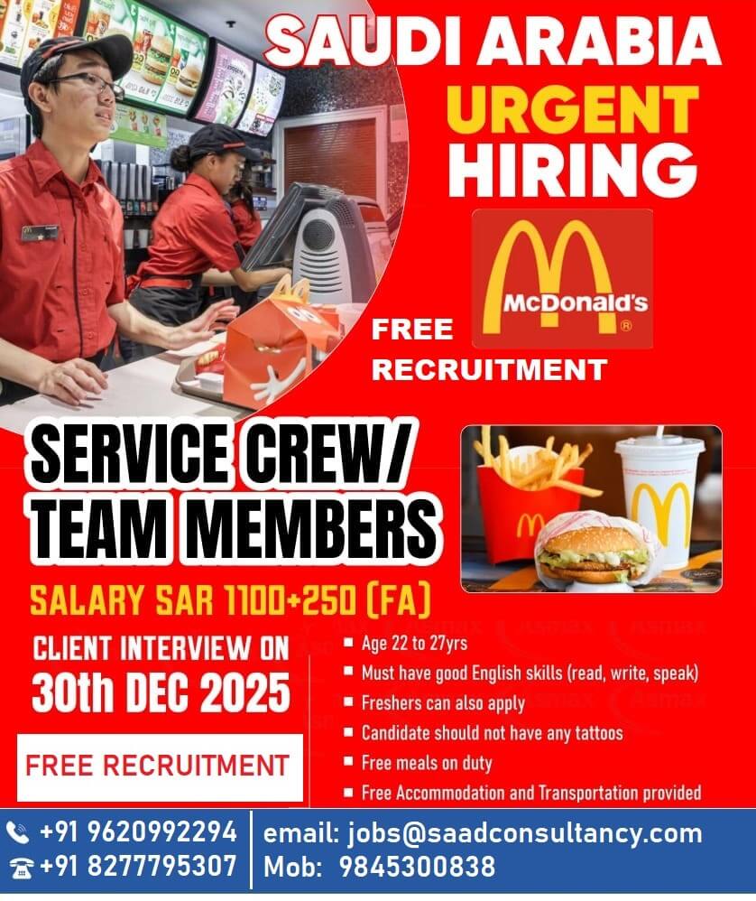 hiring for QSR RESTAURANT - interview on 30 Dec 2025