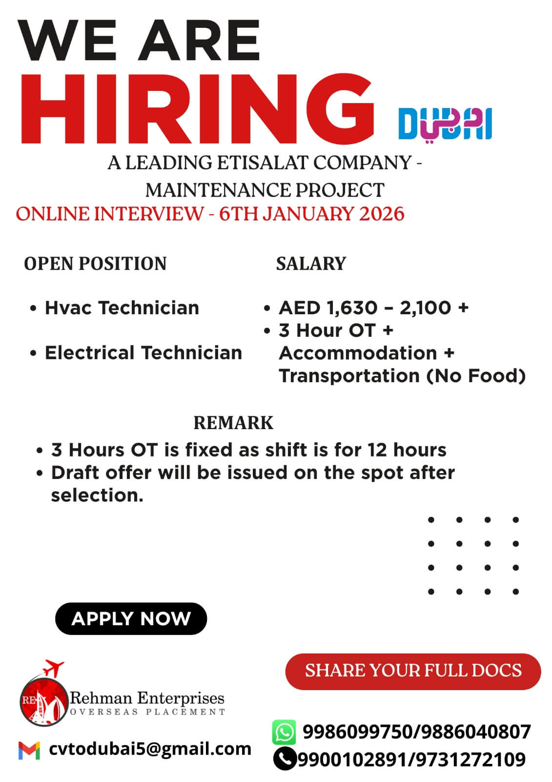 HIRING FOR A LEADING ETISALAT COMPANY MAINTENCE PROJECT IN DUBAI