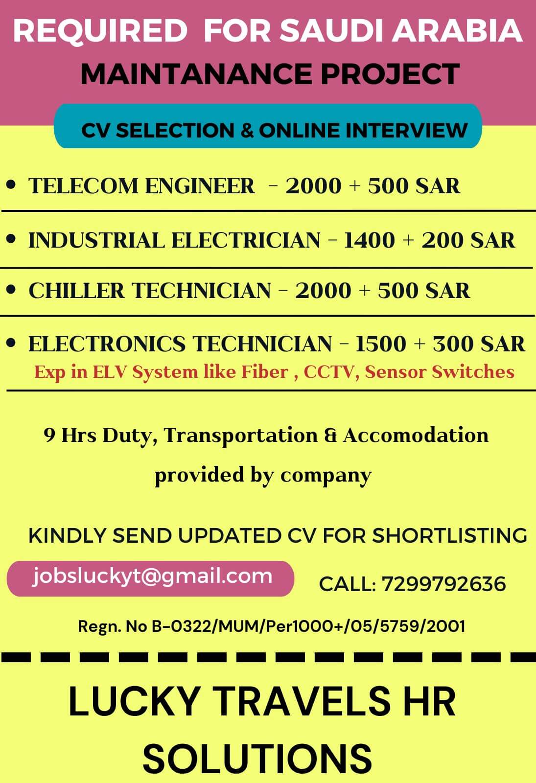 Urgently Hiring for Saudi Arabia / cv selection online interview / 7299792636