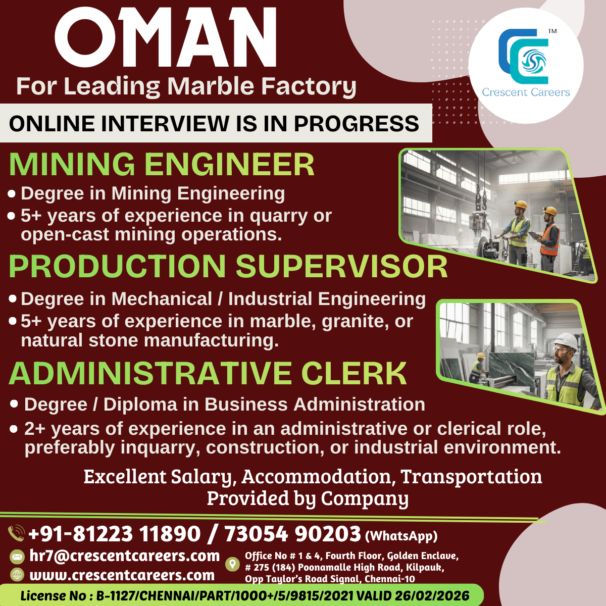 MINING ENGINEER / PRODUCTION SUPERVISOR / ADMINISTRATIVE CLERK