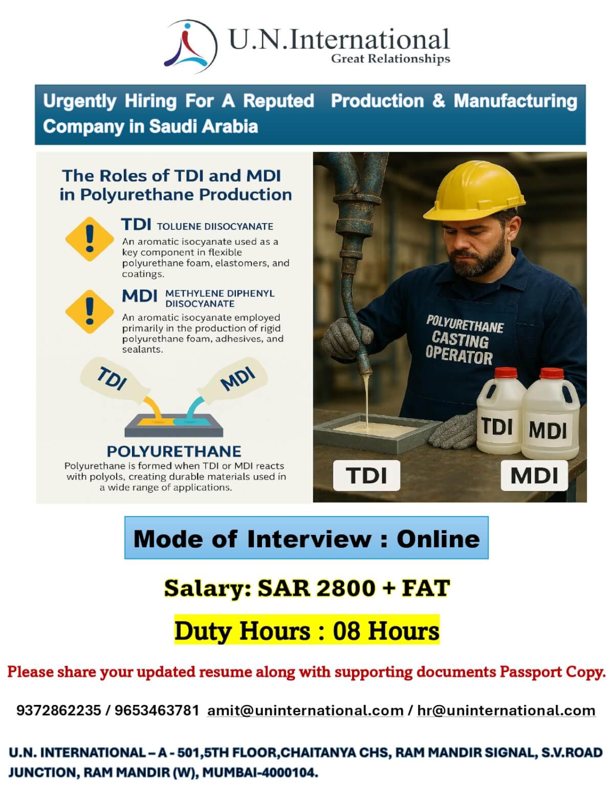 Urgently Hiring Polyurethane Casting Operator For A Reputed  Production & Manufacturing Company in Saudi Arabia