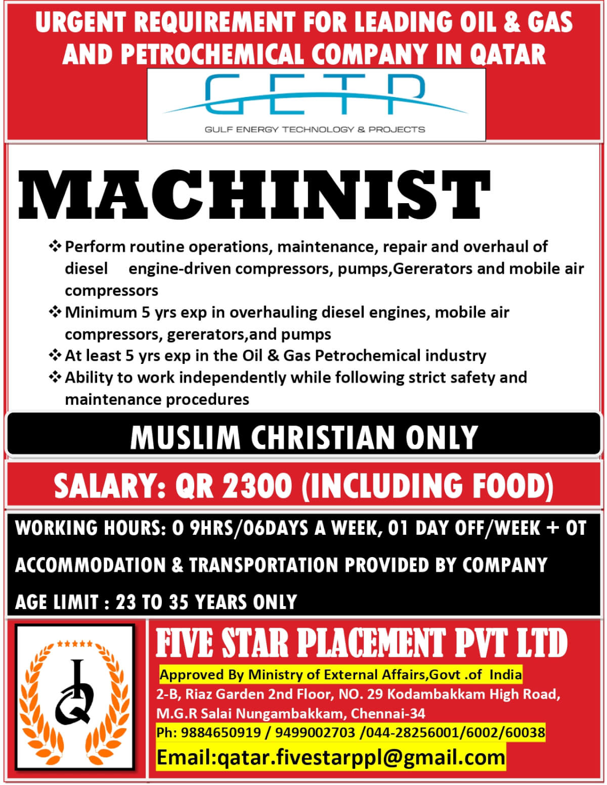 URGENT REQUIREMENT FOR DOHA QATAR