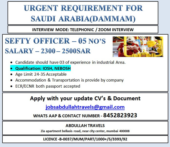 URGENT REQUIREMENT FOR SAUDI ARABIA (DAMMAM)