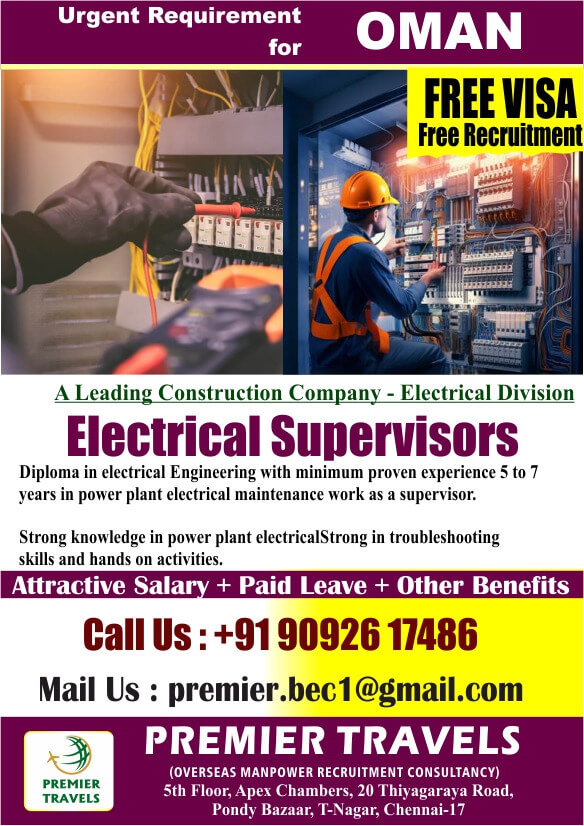 Urgently Requirement  for Electrical Maintenance supervisor