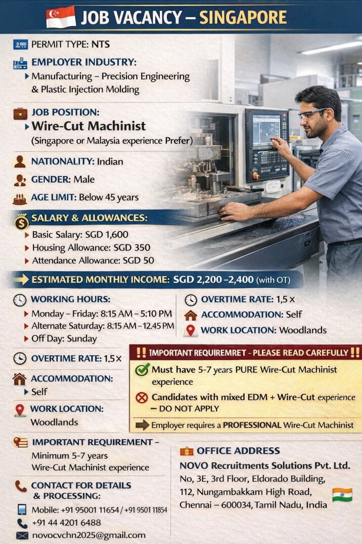 Wire-Cut Machinist (Singapore or Malaysia experience preferred) Wire-Cut Machinist (Singapore or Malaysia experience preferred)