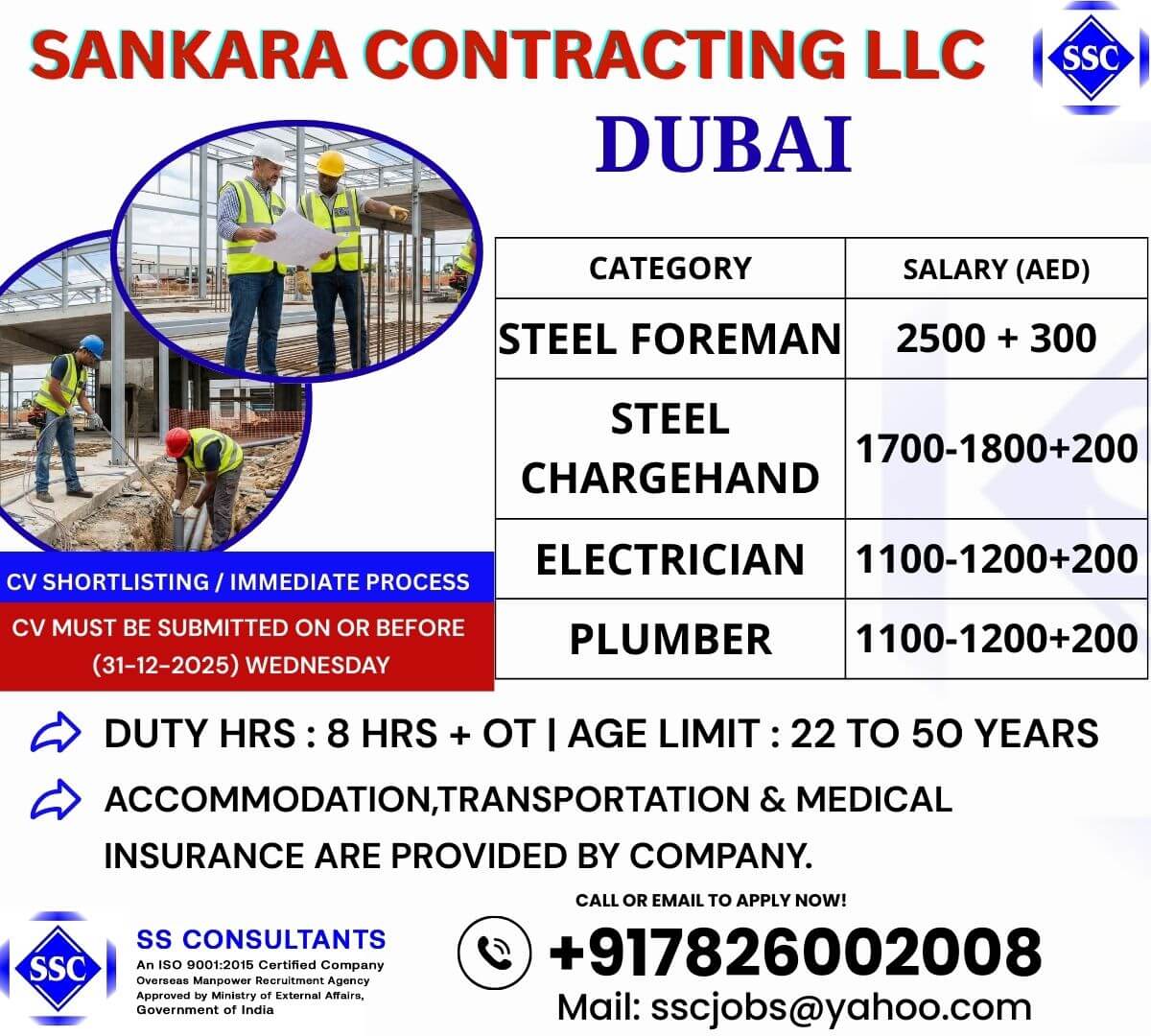 Steel Foreman & Electrician Jobs in Dubai 2025 - Salary up to AED 2800 + Benefits