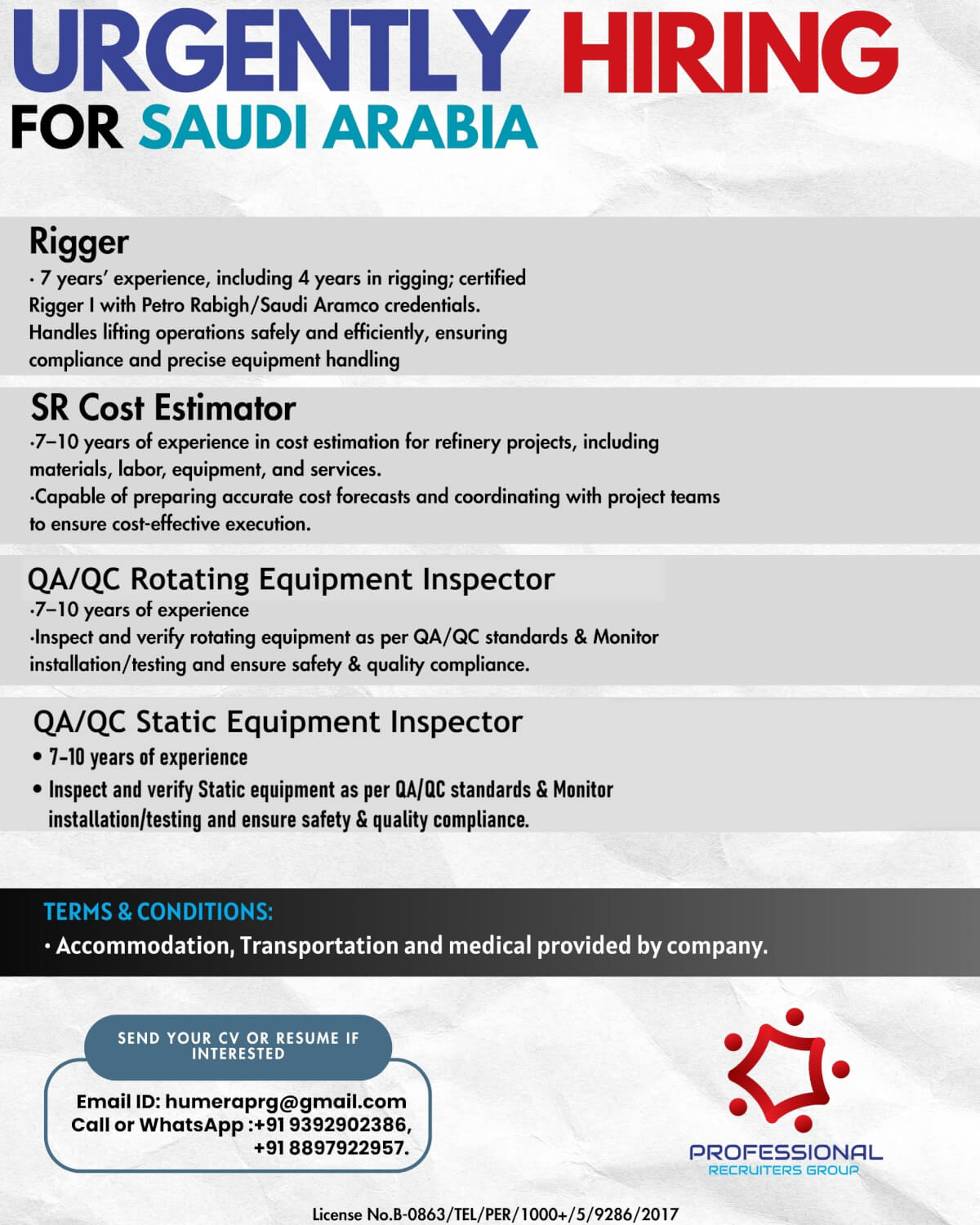 Urgently Hiring for Sankyu Saudi Arabia