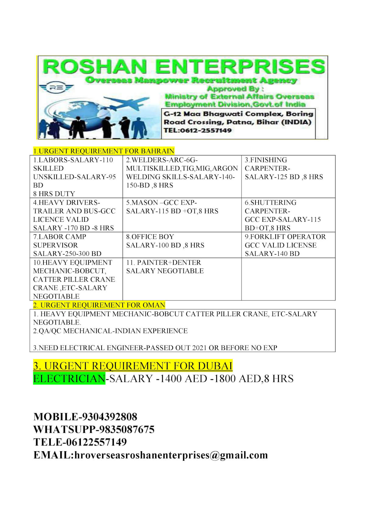 URGENT REQUIREMENT FOR GCC COUNTRY