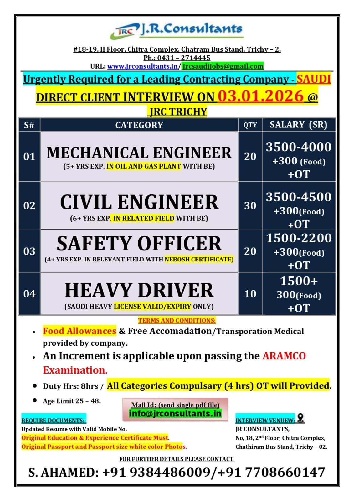 URGENTLY REQUIRED FOR LEADING CONTRACTING COMPANY IN SAUDI ARABIA DIRECT CLIENT INTERVIEW ON 03.01.2026 @ JRC TRICHY