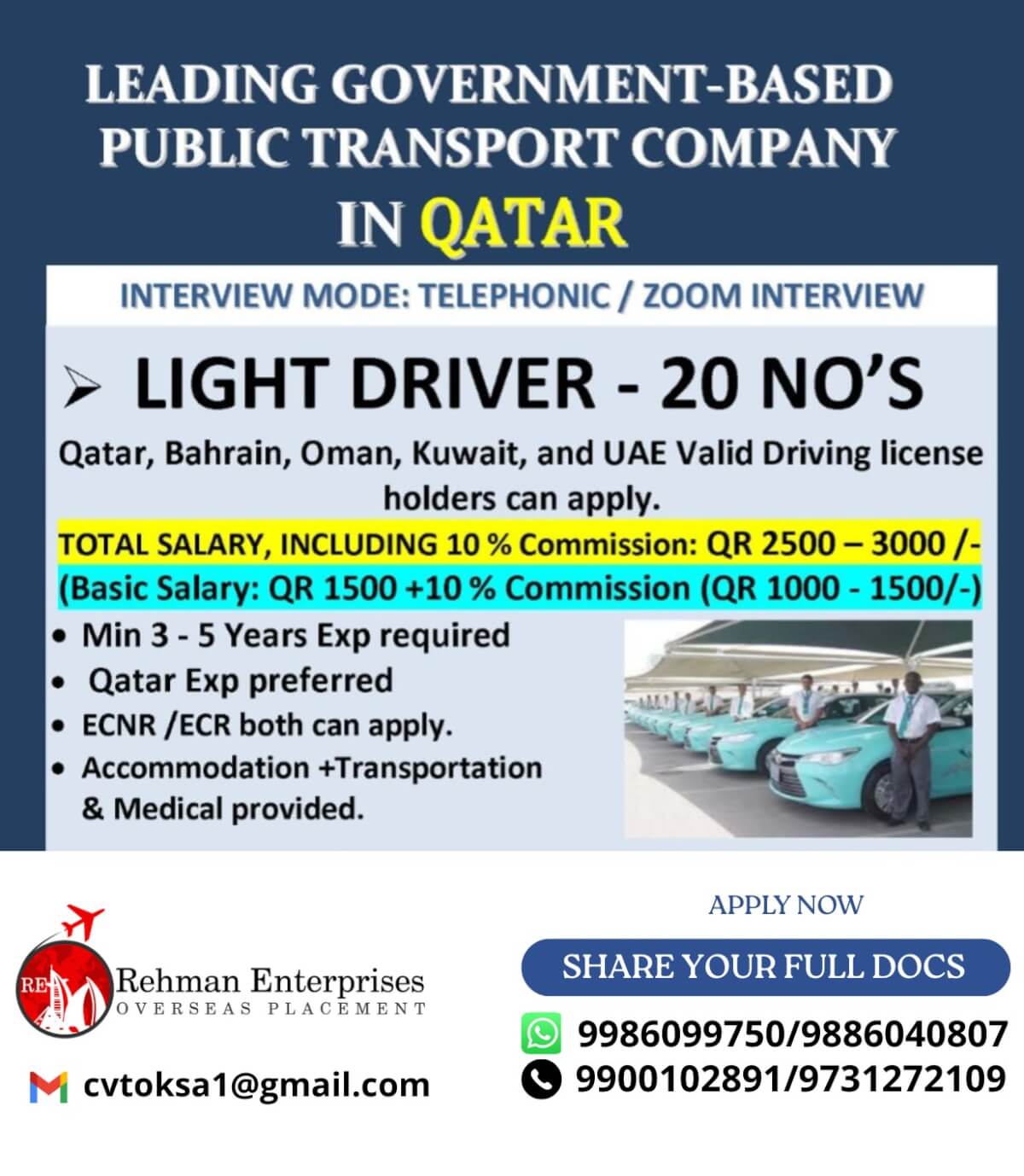 HIRING FOR LEADING GOVERMENT BASED PUBLIC TRANSPORT COMPANY IN QATAR