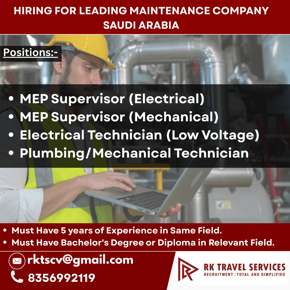 HIRING FOR LEADING MAINTENANCE COMPANY SAUDI ARABIA