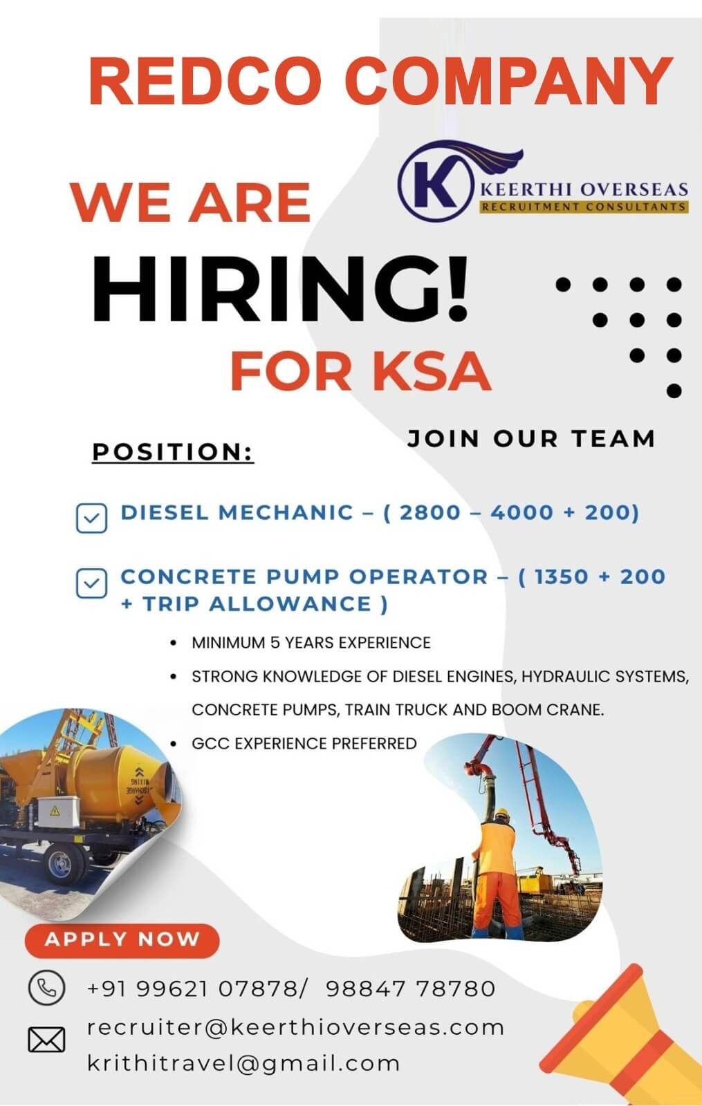 WE HIRING FOR KSA / DIESEL MECHANIC/ CONCRETE  PUMP OPERATOR