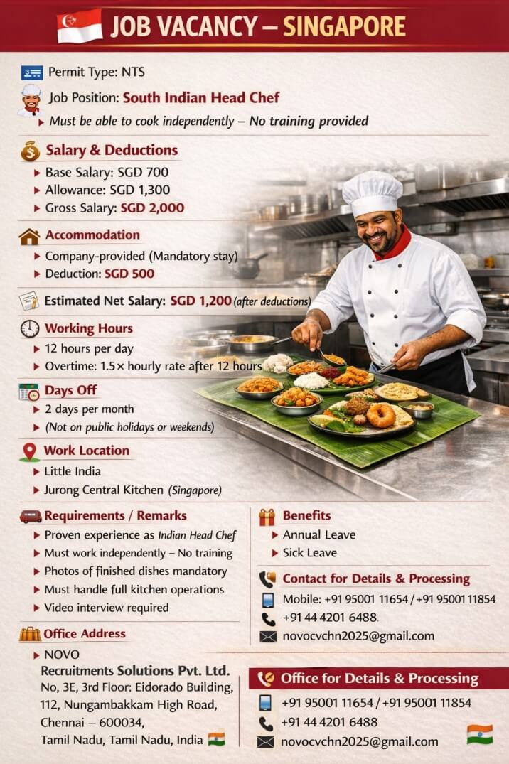 South Indian Head Chef   Must be able to cook independently – No training provided