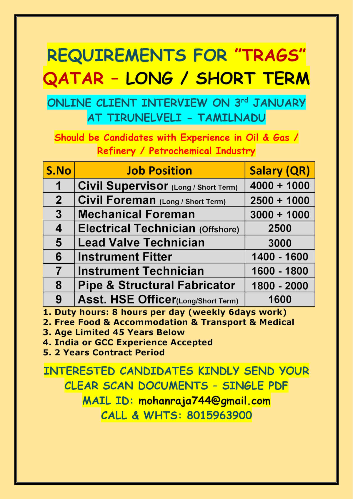 REQUIREMENTS FOR ”TRAGS” QATAR – LONG / SHORT TERM  ONLINE CLIENT INTERVIEW ON 3rd JANUARY AT TIRUNELVELI - TAMILNADU