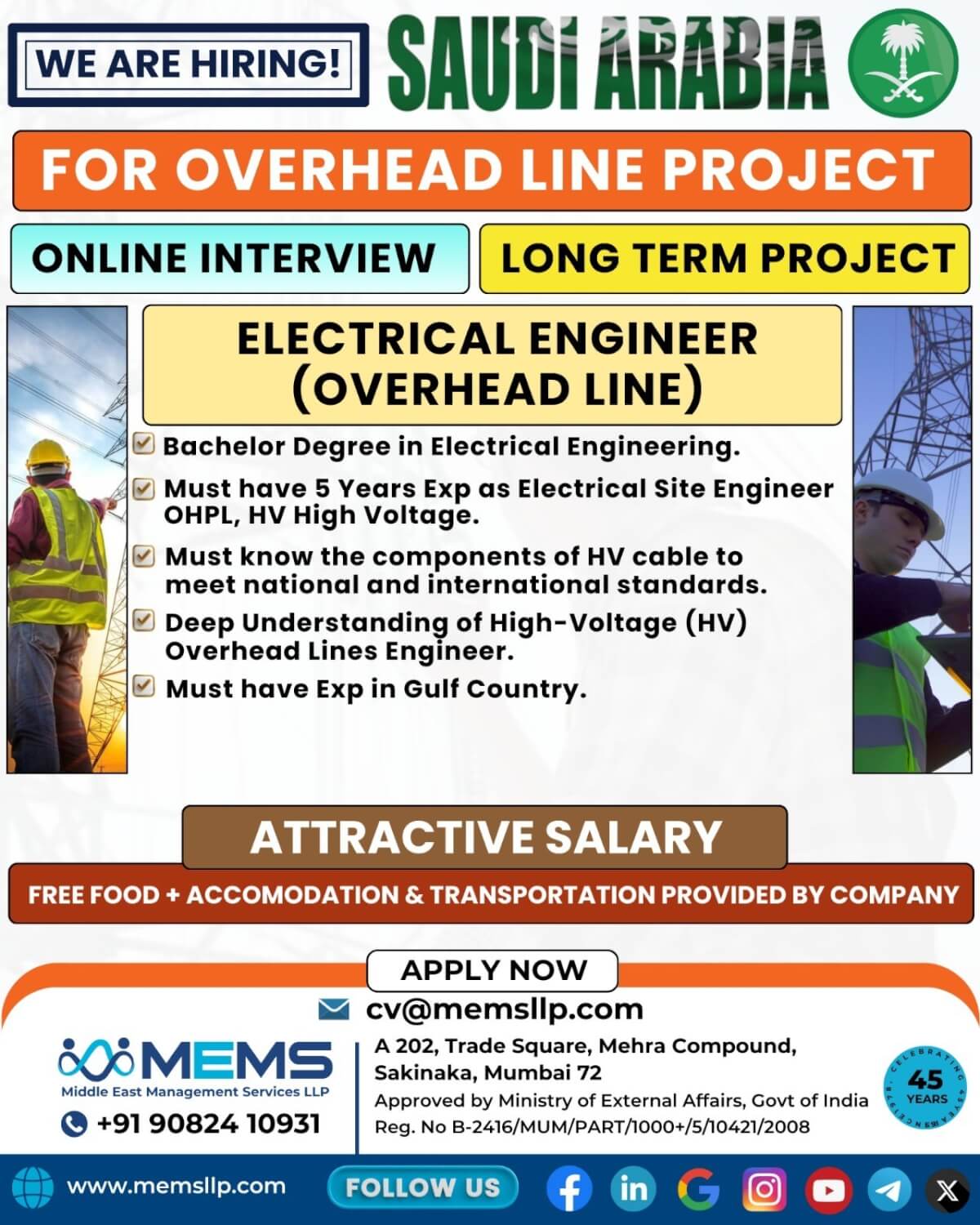 Hiring for Electrical Engineer (Overhead Line – HV/OHPL) for KSA